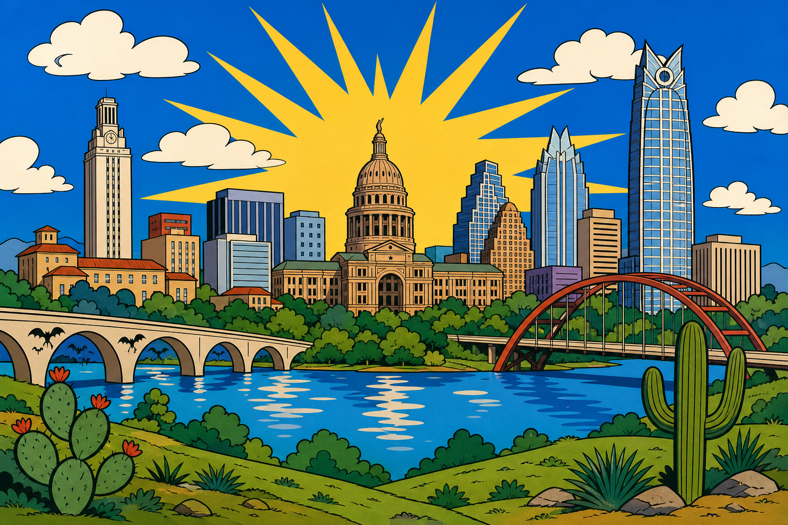 Austin Texas skyline in 1960s Hanna-Barbera cartoon style — Capitol dome, UT Tower, Frost Bank Tower, Congress Bridge, and 360 Bridge